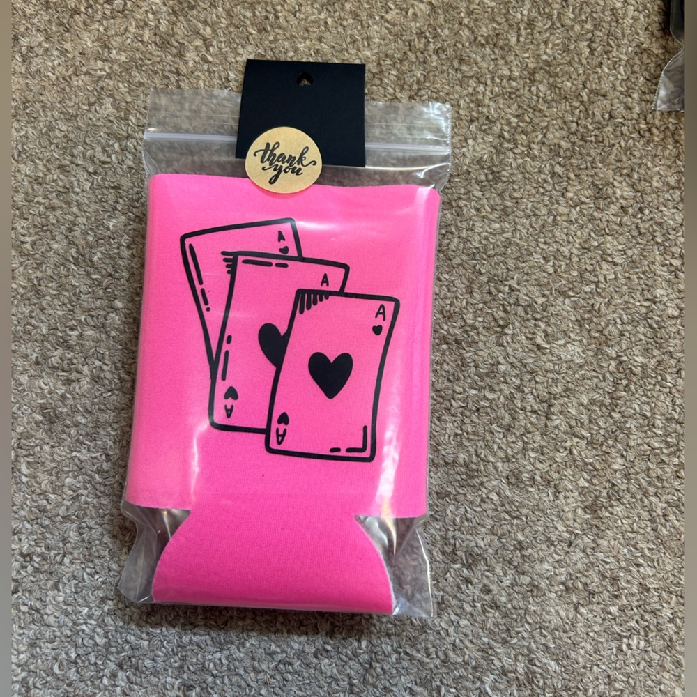 Pink Can Cooler with Playing Card Design